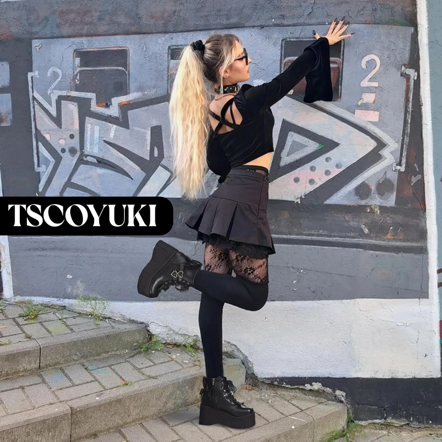 Tscoyuki Studs Platform Boots for Women Goth Rave Boots Round Toe Chunky Wedge Heel Combat Ankle Boot w/Side Zip Buckle Booties for Concert