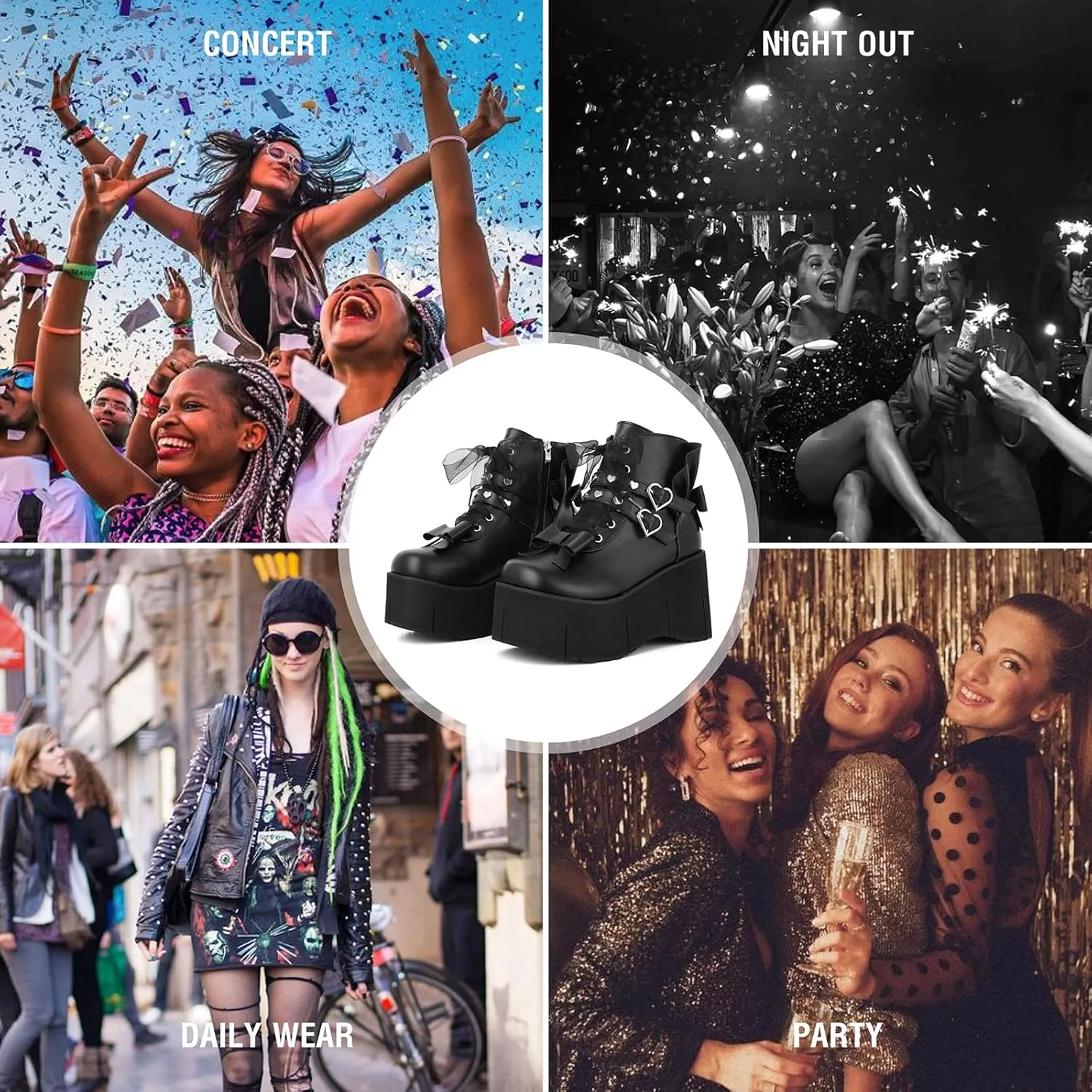 Tscoyuki Studs Platform Boots for Women Goth Rave Boots Round Toe Chunky Wedge Heel Combat Ankle Boot w/Side Zip Buckle Booties for Concert