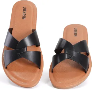 UBXRIN Womens Minimalist Memory Foam Comfortable Slide Sandals Summer Casual Soft Leather Flat Slippers