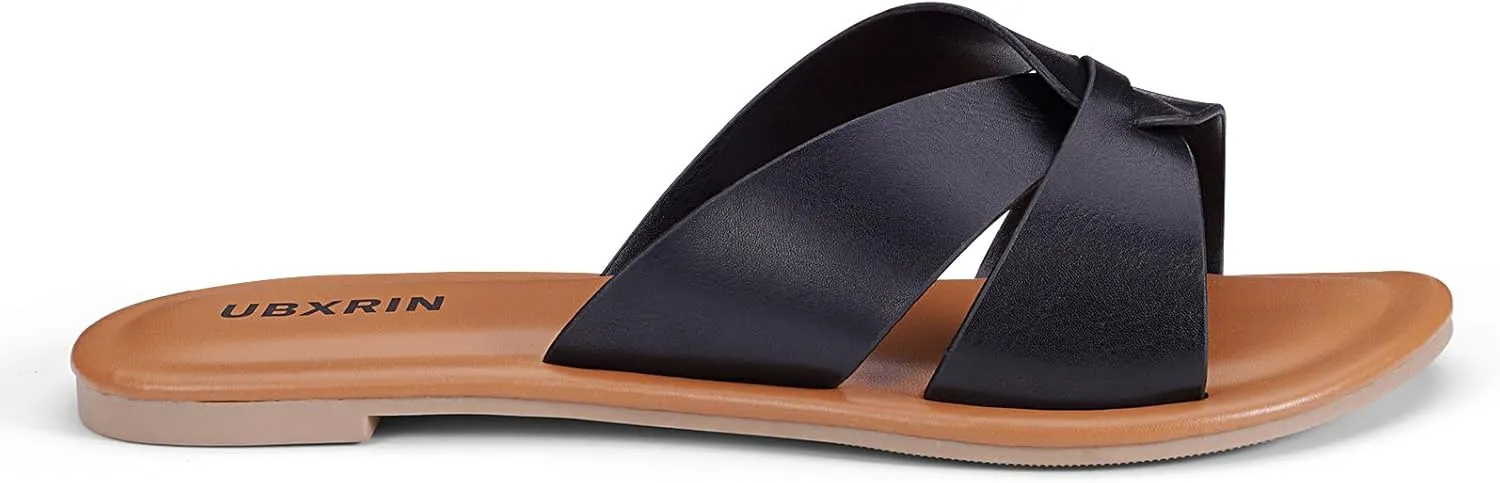 UBXRIN Womens Minimalist Memory Foam Comfortable Slide Sandals Summer Casual Soft Leather Flat Slippers