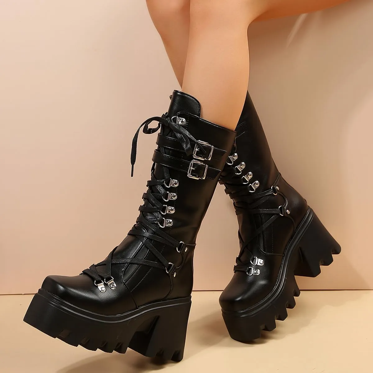 Ulalaza Women Mary Jane Dress Pumps Lolita Shoes Cute Platform Gothic Double Ankle Strap Round Toe Chunky Heel Uniform Pumps Shoes Perfect for School Party Business Work Dance Date Night Club