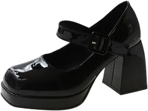Ulalaza Womens Platform Mary Janes Dress Pumps Chunky Platform Shoes Patent Leather Gothic Lolita Sweet Toe Ankle