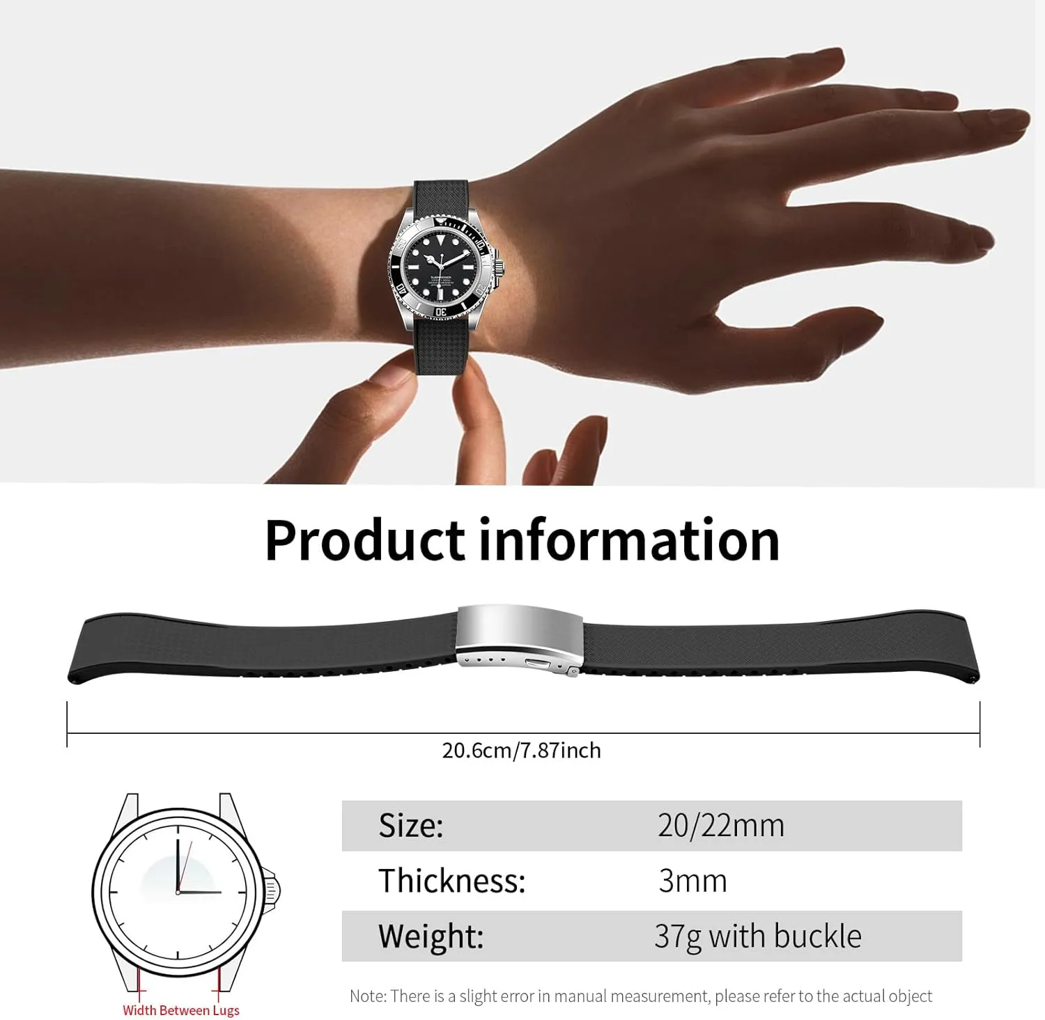 ULLCHRO FKM Rubber Watch Strap, Cut to Size Quick Release Fluororubber Watch Band Soft Replacement Watchband with Silver Milled Clasp for Men Women 18mm 19mm 20mm 21mm 22mm