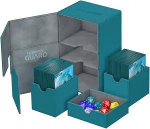 Ultimate Guard Flip 'n' Tray 160 , Deck Case for 160 Double-Sleeved TCG Cards   Dice Tray, Petrol/Grey, Ind. Magnetic Closure & Microfiber Lining