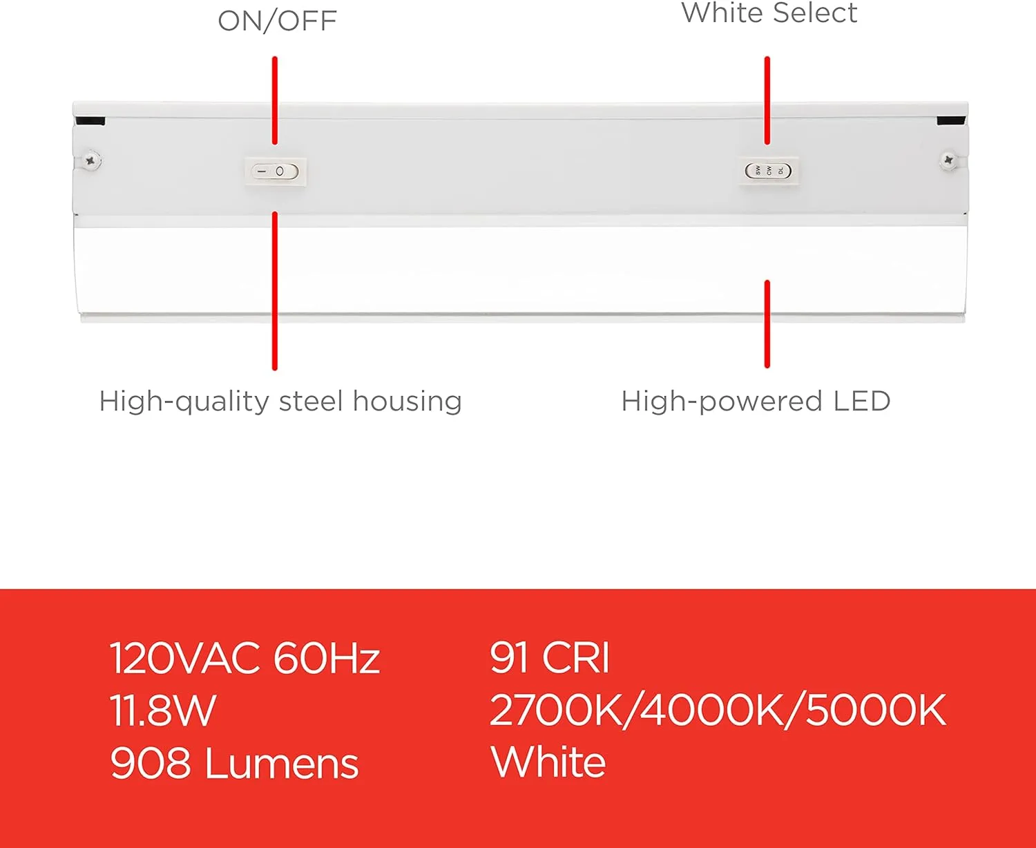 UltraPro 24 inch Hardwired Under Cabinet Lights, 3 Color Settings - 2700K/4000K/5000K - Warm White, Cool White, and Daylight, Under Cabinet Lighting, Dimmable Under Counter Lights for Kitchen, 45368