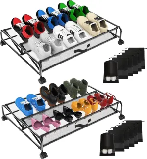 Under Bed Shoe Storage Organizer, Rolling Underbed Metal Drawer Containers Kit with 6 Packs Shoe Bags, Under Bed Storage with Wheels Bedroom Space Saving (2 Pcs)