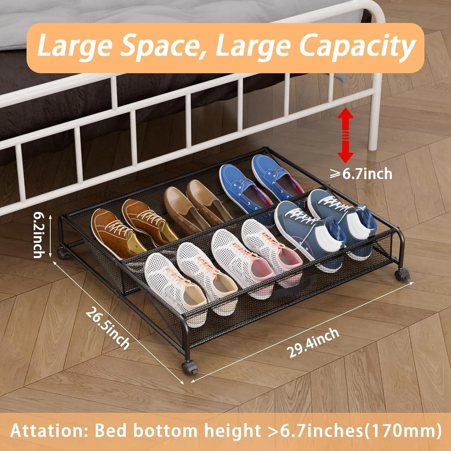 Under Bed Shoe Storage Organizer, Rolling Underbed Metal Drawer Containers Kit with 6 Packs Shoe Bags, Under Bed Storage with Wheels Bedroom Space Saving (2 Pcs)