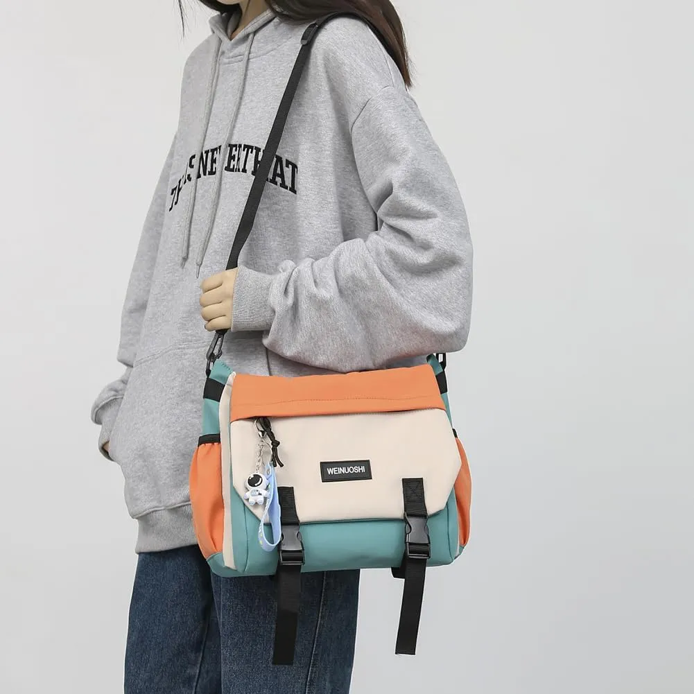 Unisex Flap Crossbody Bag Large Capacity Casual Shoulder Bag Contrast Color Simple Postman Bag for College Travel Bu