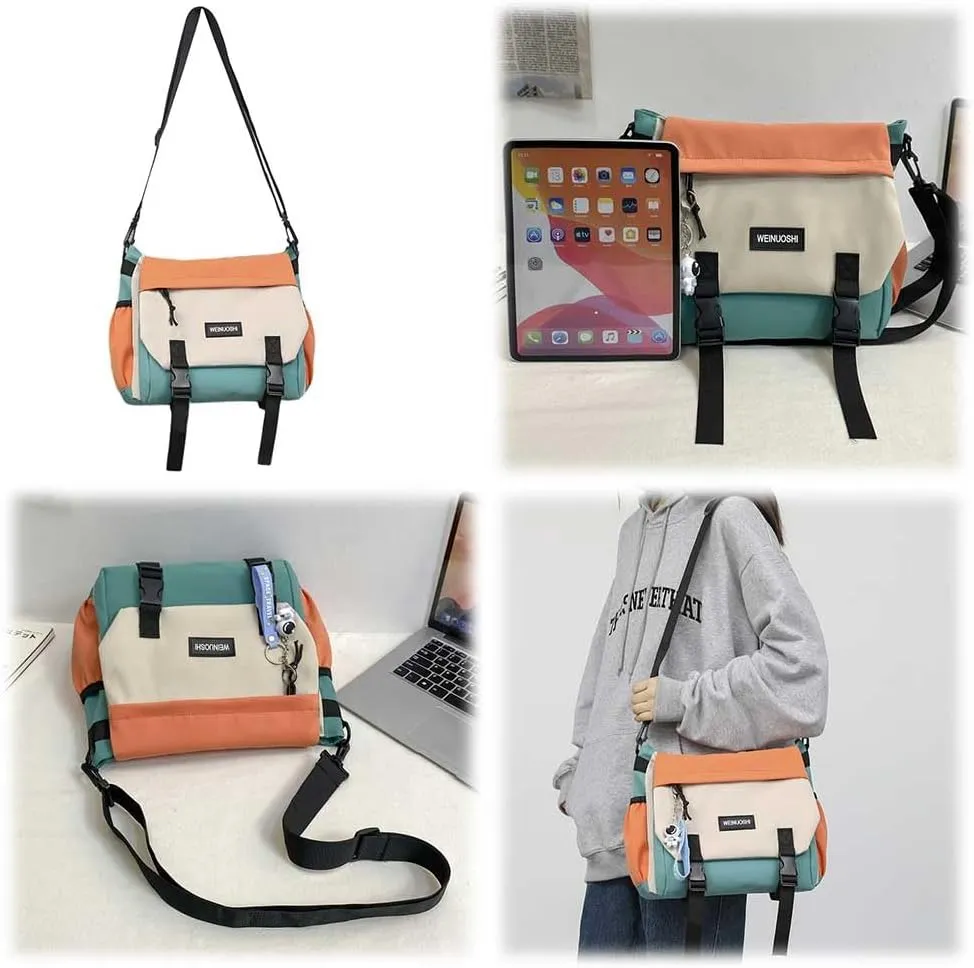 Unisex Flap Crossbody Bag Large Capacity Casual Shoulder Bag Contrast Color Simple Postman Bag for College Travel Bu
