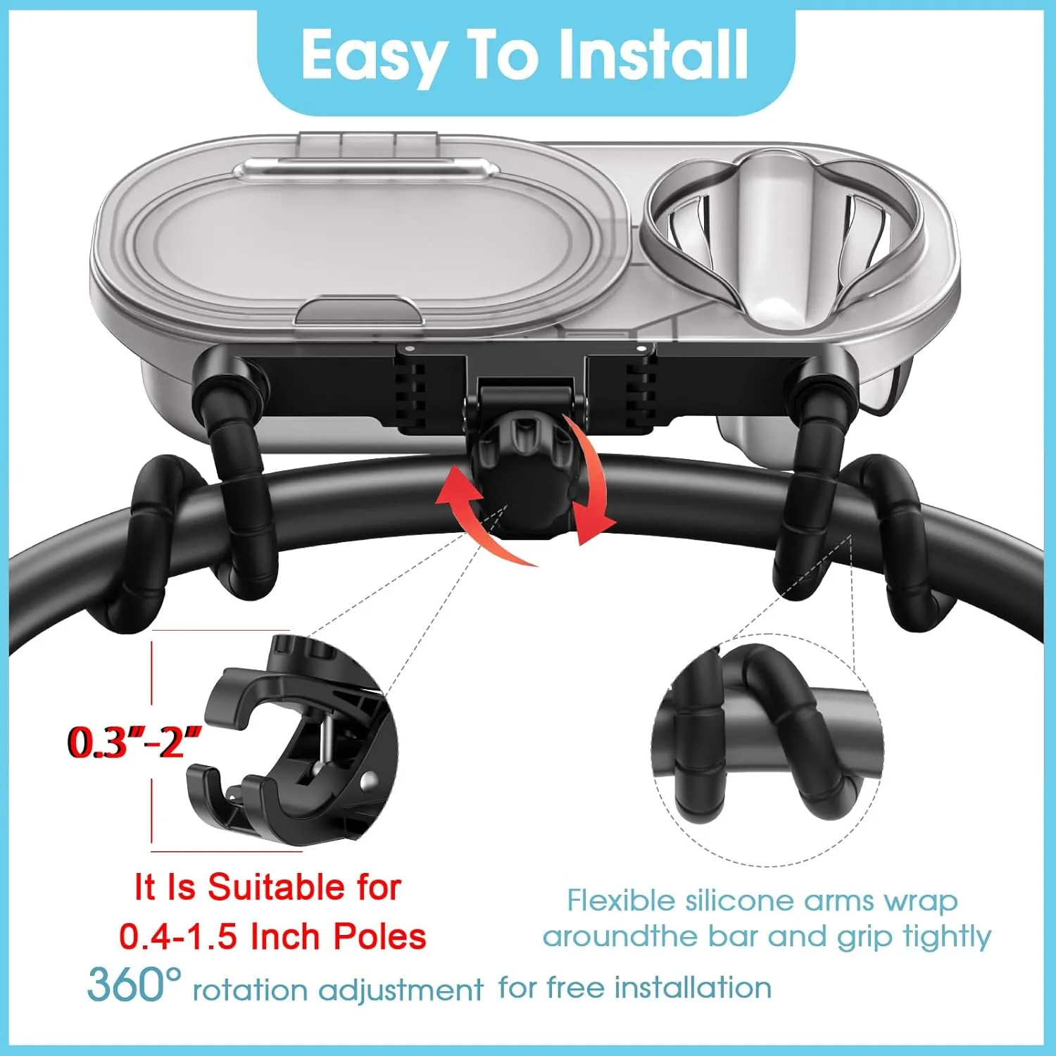 Universal Stroller Snack Tray: Cup Holder Tray with Silicone Flexible Arms Grip Stroller Tray with Dust Cover - Stroller Tray Attachment with Cups Holder for Baby & Toddler Stroller Accessories