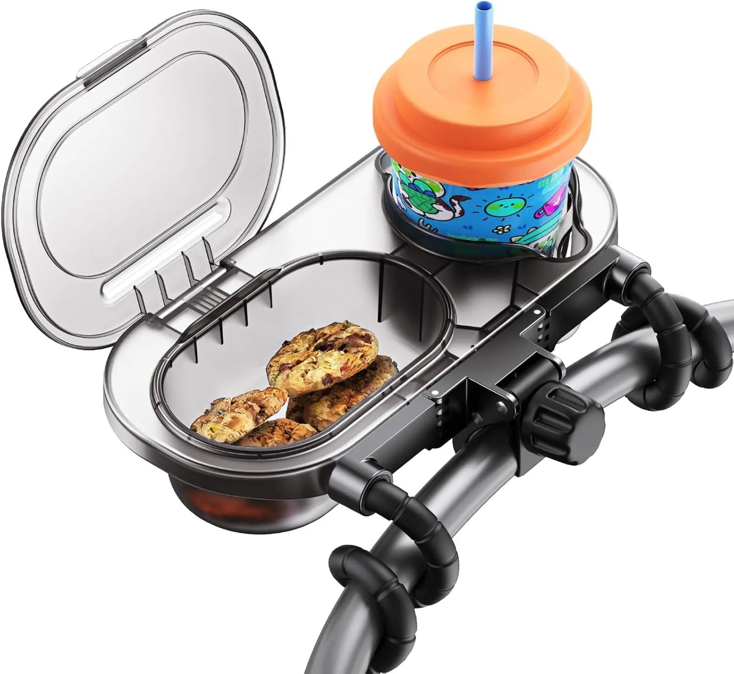 Universal Stroller Snack Tray: Cup Holder Tray with Silicone Flexible Arms Grip Stroller Tray with Dust Cover - Stroller Tray Attachment with Cups Holder for Baby & Toddler Stroller Accessories