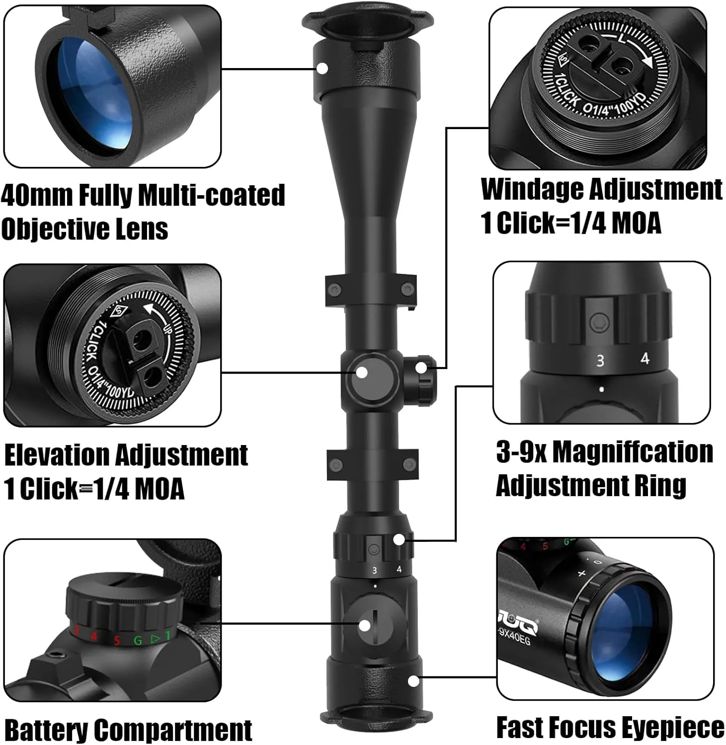 UUQ 3-9×40 Rifle Scope with Red/Green Illumination and Rangefinder Reticle-Fits 20mm Free Mounts,Waterproof and Fog-Proof