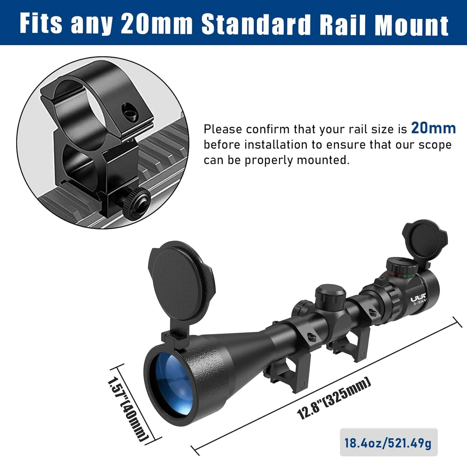 UUQ 3-9×40 Rifle Scope with Red/Green Illumination and Rangefinder Reticle-Fits 20mm Free Mounts,Waterproof and Fog-Proof