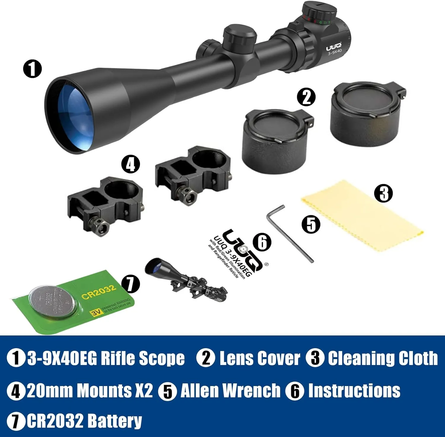 UUQ 3-9×40 Rifle Scope with Red/Green Illumination and Rangefinder Reticle-Fits 20mm Free Mounts,Waterproof and Fog-Proof