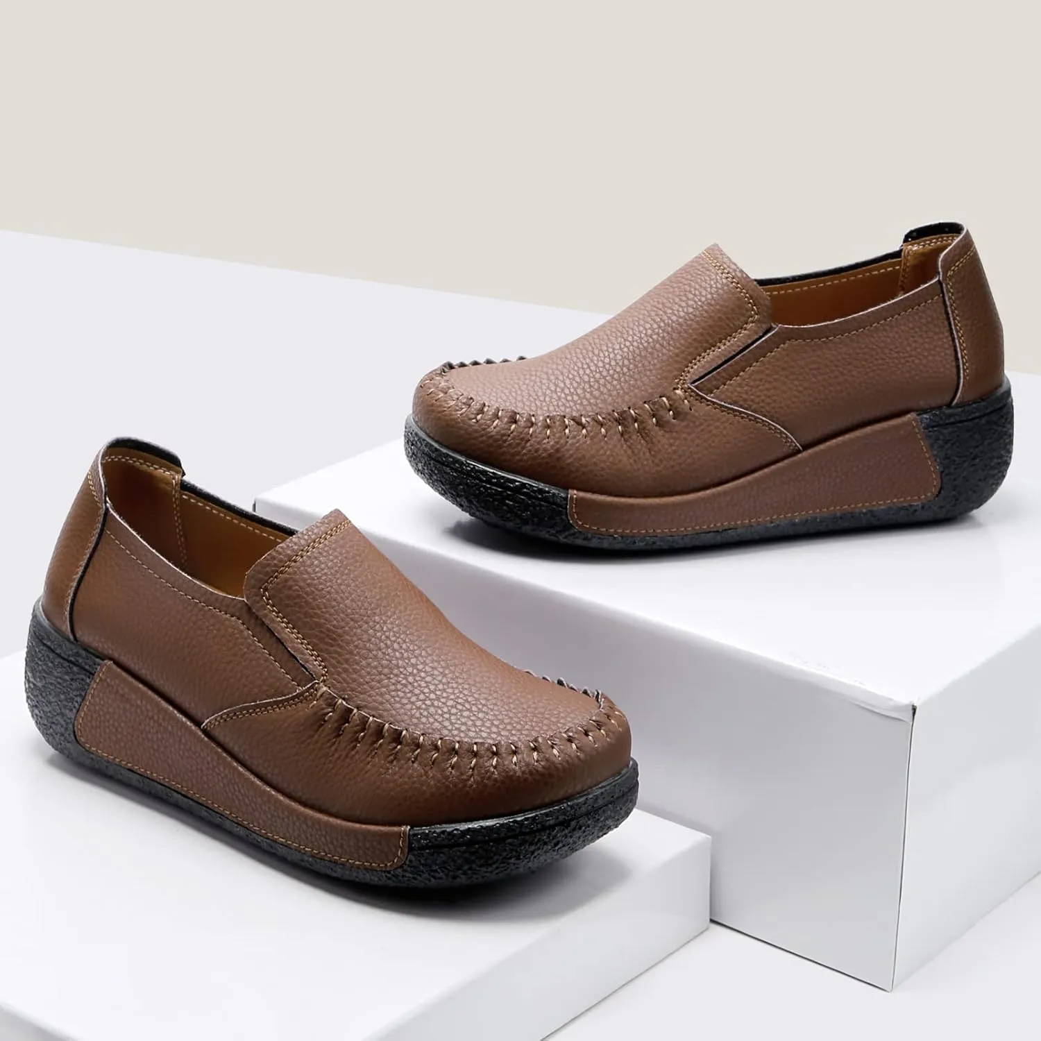 UZB Women's Slip On Loafer Leather Comfort Casual Platform Shoes