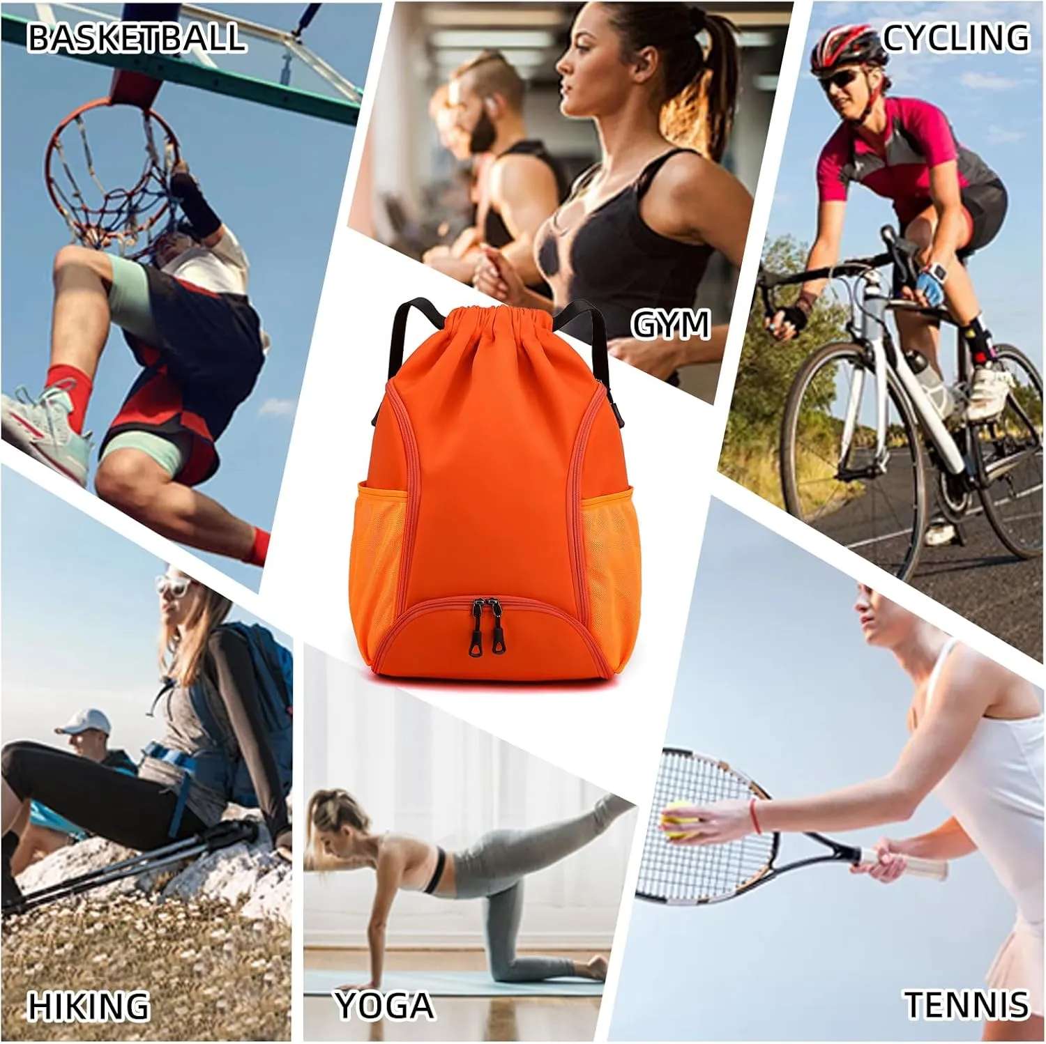 Valleycomfy Sports Gym Bag Drawstring Backpack with Shoes Basketball Bag and Two Water Bottle Holder,Drawstring Backpack for Beach, Pool and Travel,Orange