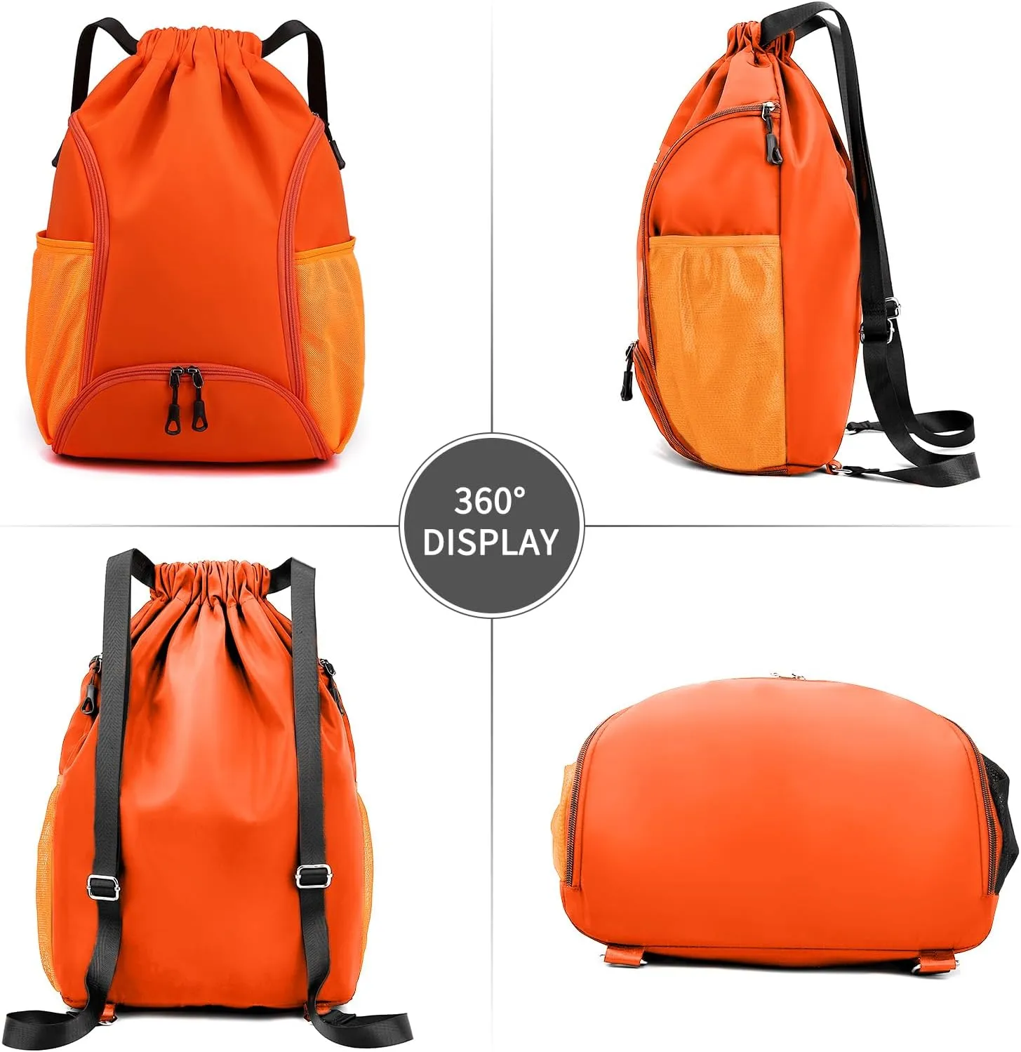 Valleycomfy Sports Gym Bag Drawstring Backpack with Shoes Basketball Bag and Two Water Bottle Holder,Drawstring Backpack for Beach, Pool and Travel,Orange