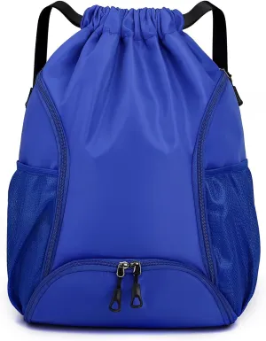 Valleycomfy Sports Gym Bag Drawstring Backpack with Shoes Basketball Bag and Two Water Bottle Holder,Drawstring Backpack for Beach, Pool and Travel,Sapphire Blue