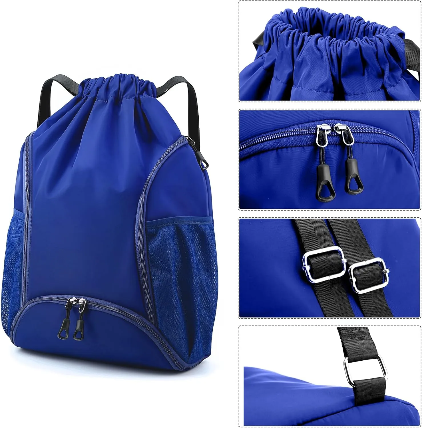 Valleycomfy Sports Gym Bag Drawstring Backpack with Shoes Basketball Bag and Two Water Bottle Holder,Drawstring Backpack for Beach, Pool and Travel,Sapphire Blue