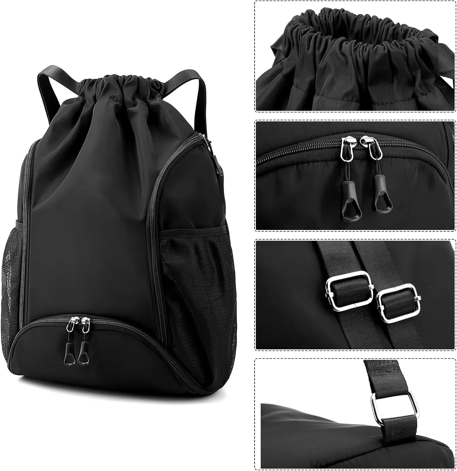Valleycomfy Sports Gym Bag Drawstring Backpack with Shoes Basketball Bag and Two Water Bottle Holder,Drawstring Backpack for Beach,Pool and Travel,Black