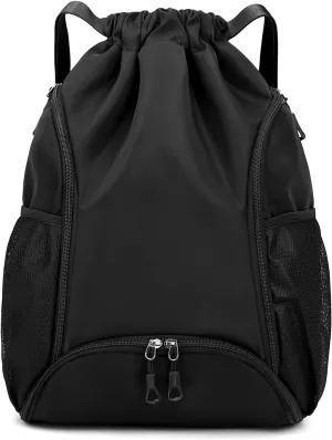Valleycomfy Sports Gym Bag Drawstring Backpack with Shoes Basketball Bag and Two Water Bottle Holder,Drawstring Backpack for Beach,Pool and Travel,Black