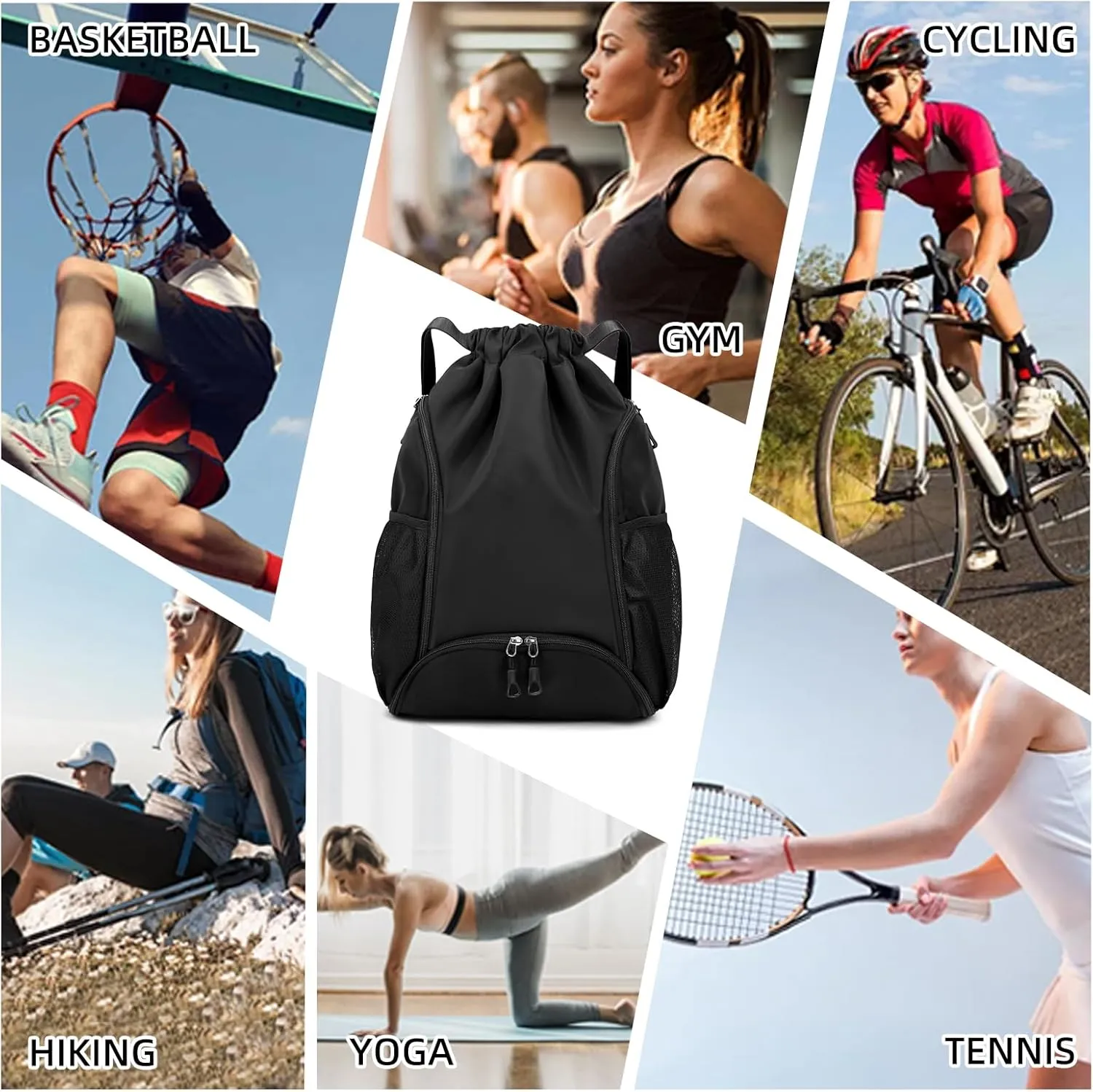 Valleycomfy Sports Gym Bag Drawstring Backpack with Shoes Basketball Bag and Two Water Bottle Holder,Drawstring Backpack for Beach,Pool and Travel,Black