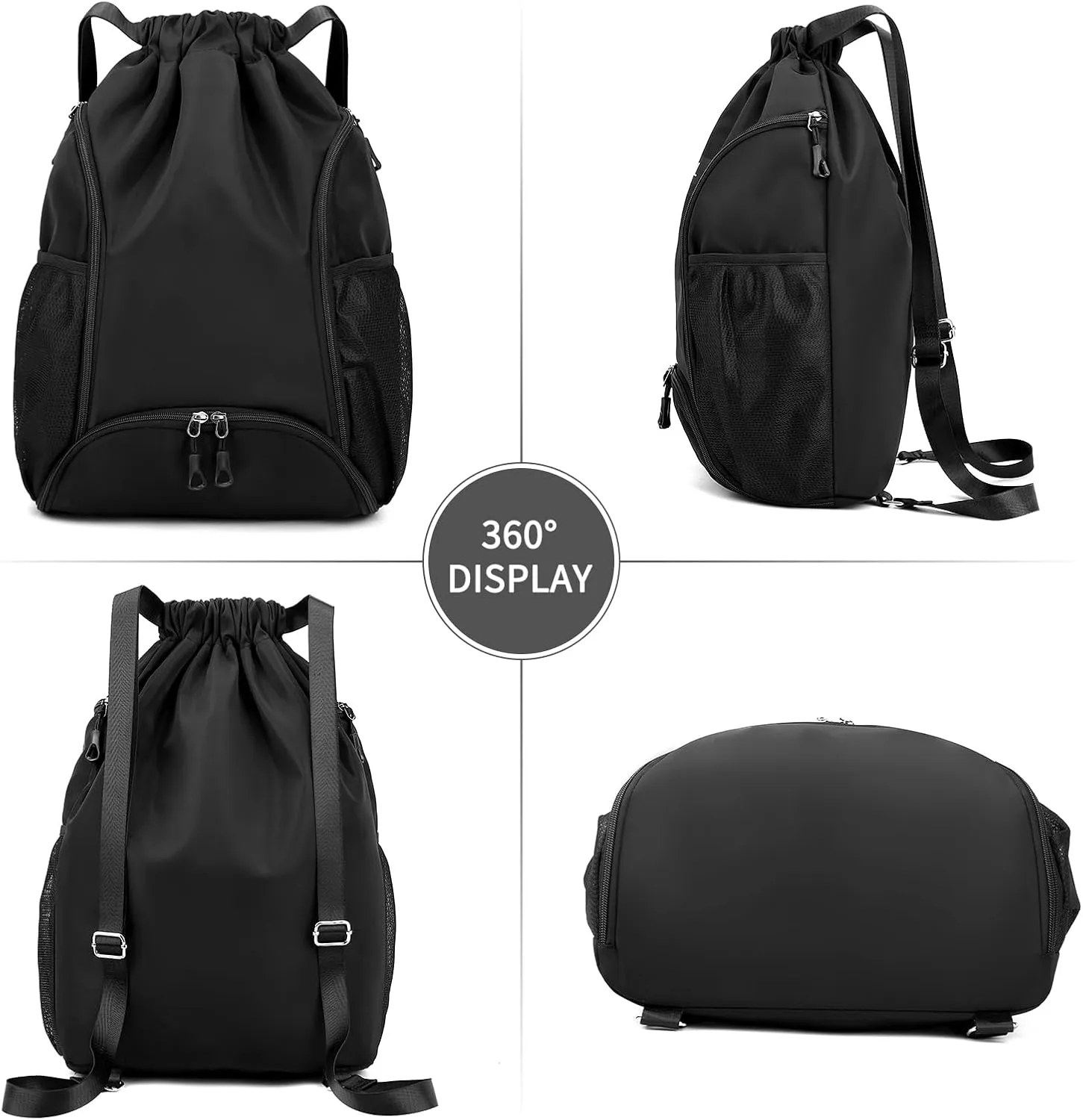 Valleycomfy Sports Gym Bag Drawstring Backpack with Shoes Basketball Bag and Two Water Bottle Holder,Drawstring Backpack for Beach,Pool and Travel,Black