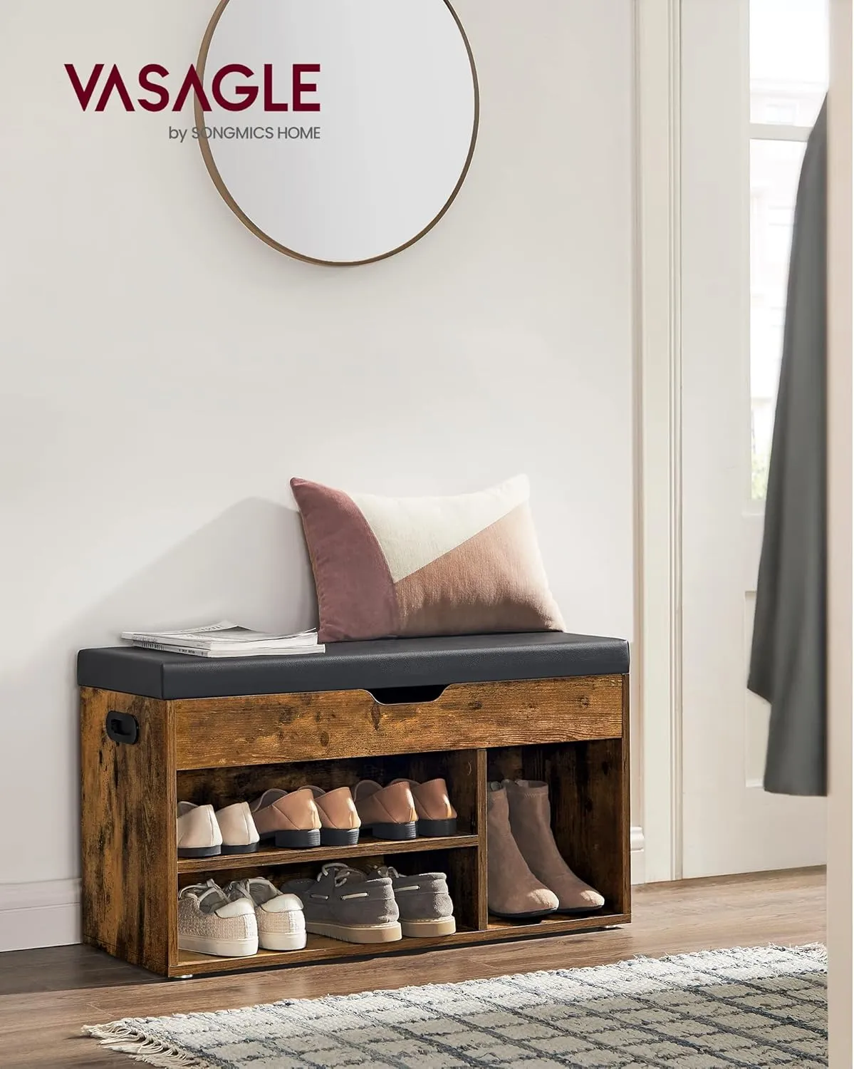 VASAGLE CUSTOS Collection - Storage Bench with Cushion, Shoe Bench, Padded Seat, Hidden Storage, Entryway, Hold up to 300 lb, 11.8 x 31.5 x 17.3 Inches, Rustic Brown and Ink Black ULHS30BX