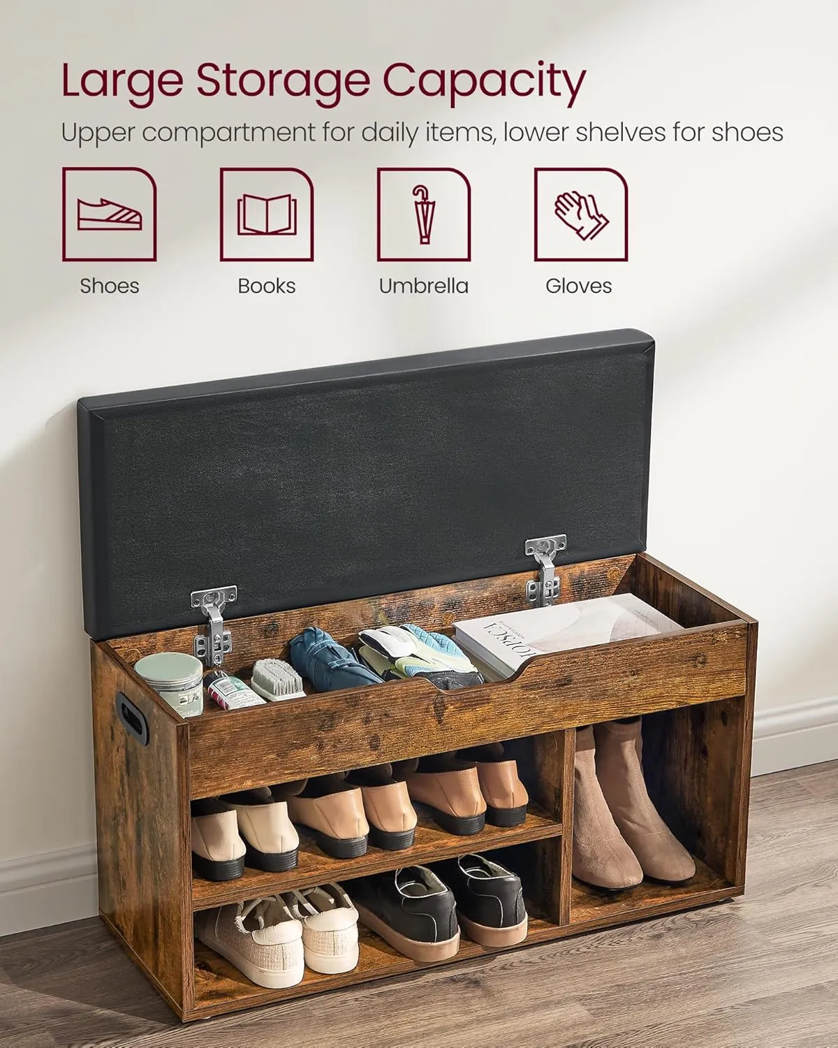 VASAGLE CUSTOS Collection - Storage Bench with Cushion, Shoe Bench, Padded Seat, Hidden Storage, Entryway, Hold up to 300 lb, 11.8 x 31.5 x 17.3 Inches, Rustic Brown and Ink Black ULHS30BX