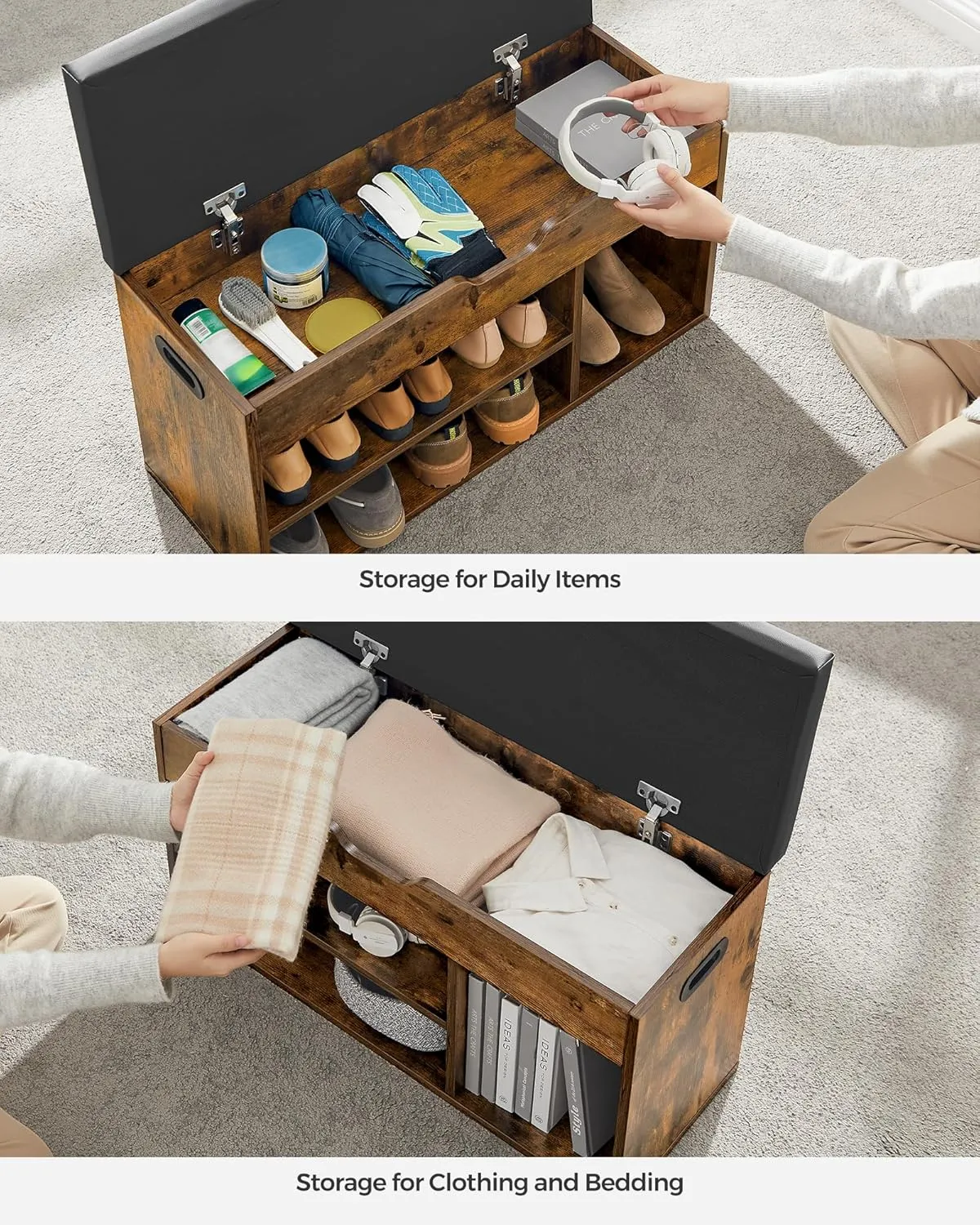 VASAGLE CUSTOS Collection - Storage Bench with Cushion, Shoe Bench, Padded Seat, Hidden Storage, Entryway, Hold up to 300 lb, 11.8 x 31.5 x 17.3 Inches, Rustic Brown and Ink Black ULHS30BX