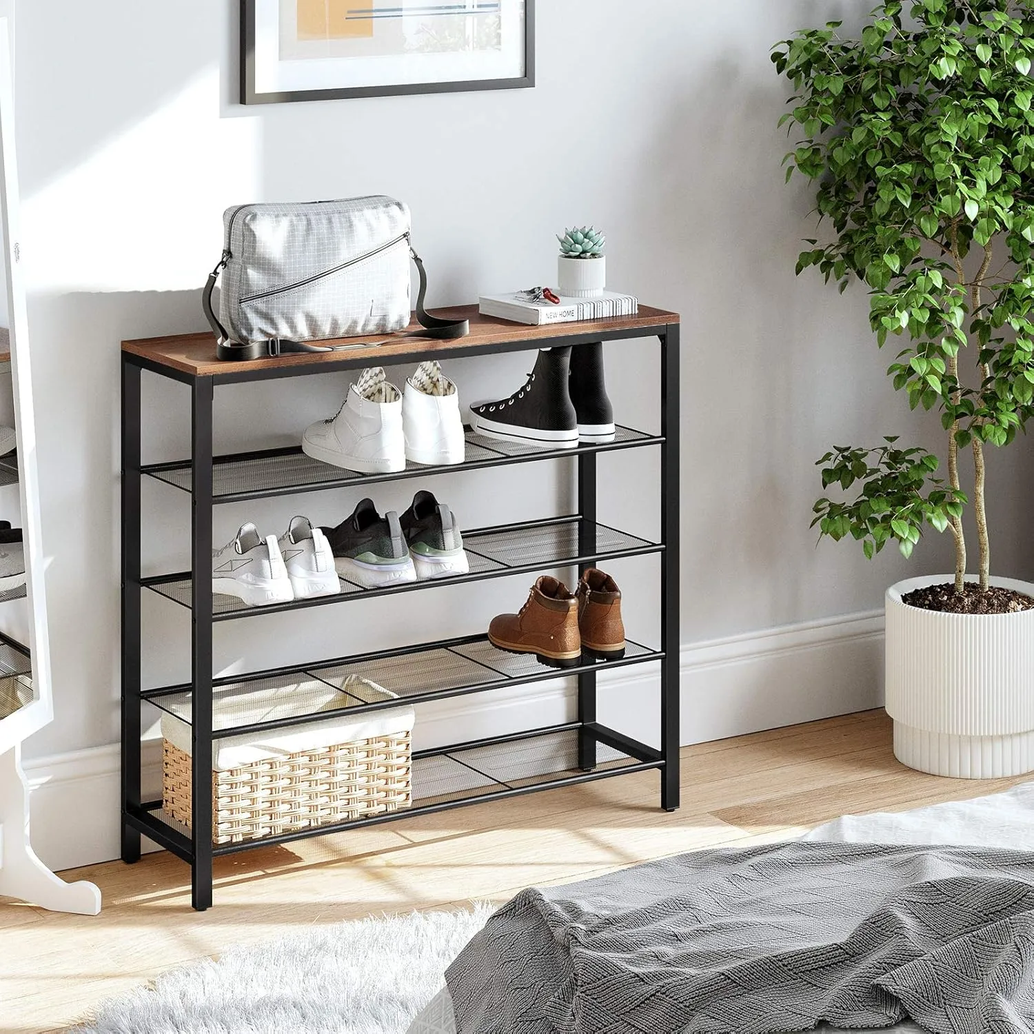 VASAGLE INDESTIC Shoe Rack, Shoe Organizer for Closet with 4 Mesh Shelves and Large Top for Bags, Entryway Hallway Shoe Shelf, Steel Frame, Industrial, Hazelnut Brown and Black ULBS015B03
