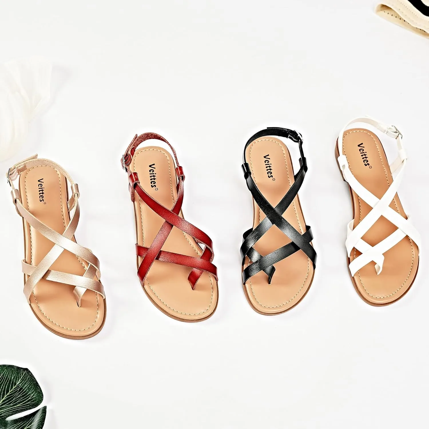 Veittes Women's Flat Slide Sandals - Comfort Casual Criss Cross Flat Summer Shoes.