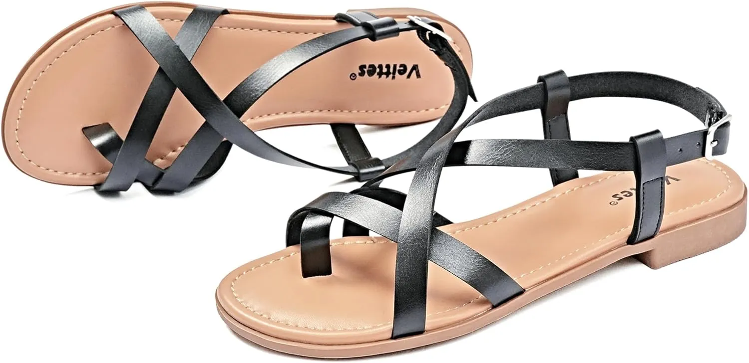 Veittes Women's Flat Slide Sandals - Comfort Casual Criss Cross Flat Summer Shoes.