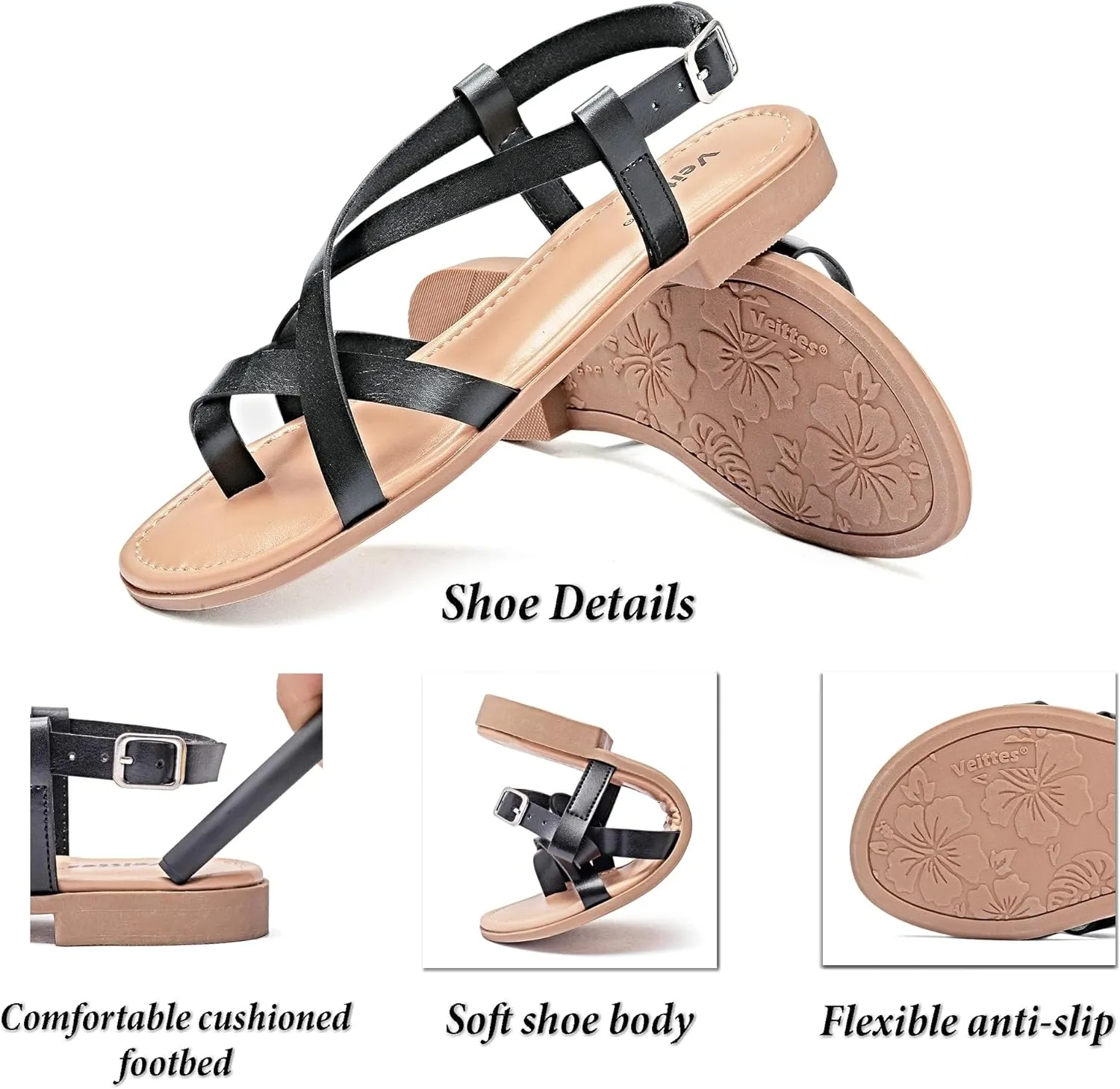 Veittes Women's Flat Slide Sandals - Comfort Casual Criss Cross Flat Summer Shoes.