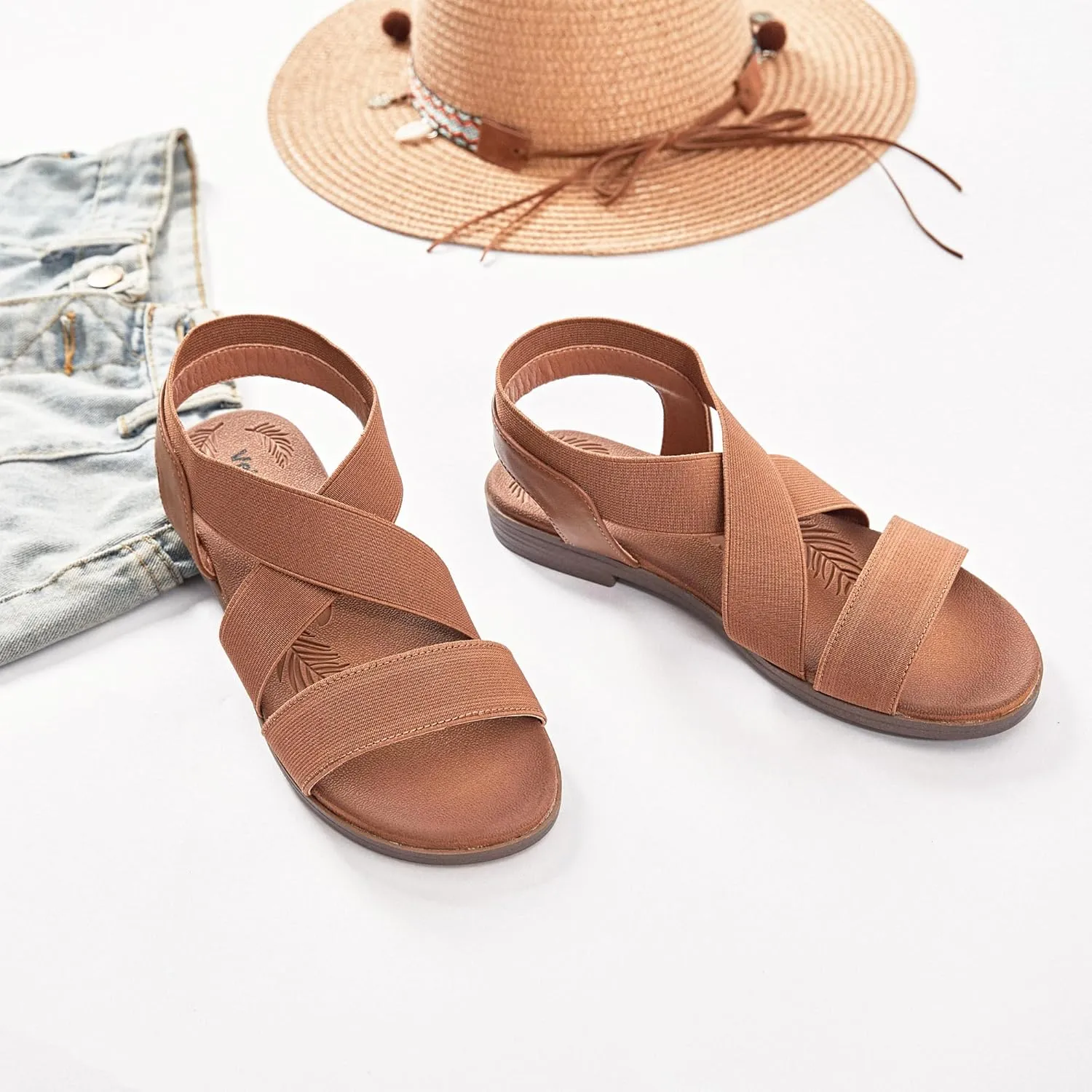 Veittes Women's Flat Slide Sandals - Fashionable Elastic Ankle Strap Comfortable Flat Summer Sandals.