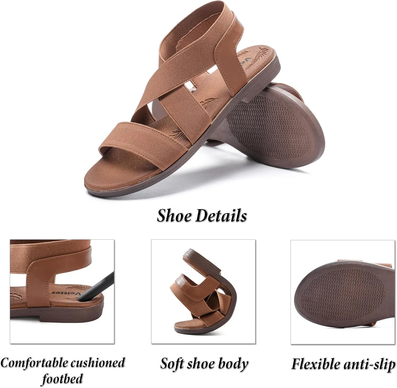 Veittes Women's Flat Slide Sandals - Fashionable Elastic Ankle Strap Comfortable Flat Summer Sandals.