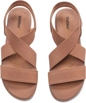 Veittes Women's Flat Slide Sandals - Fashionable Elastic Ankle Strap Comfortable Flat Summer Sandals.