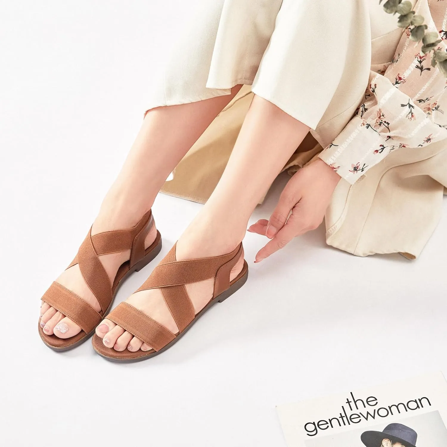 Veittes Women's Flat Slide Sandals - Fashionable Elastic Ankle Strap Comfortable Flat Summer Sandals.