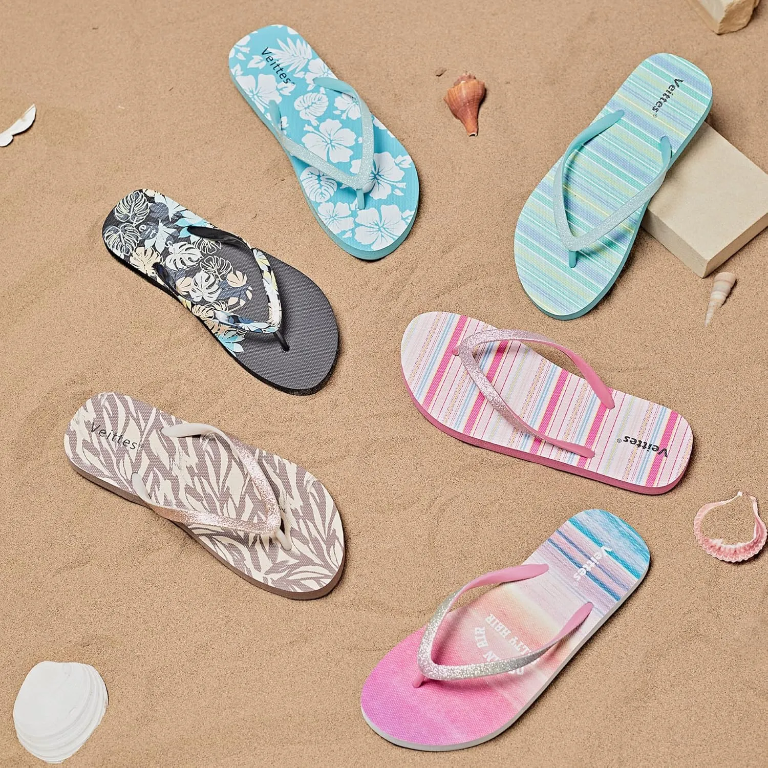Veittes Women's Flip Flops Sandals, Soft Beach Pool Colorful Pattern Printing Slide Shoes.
