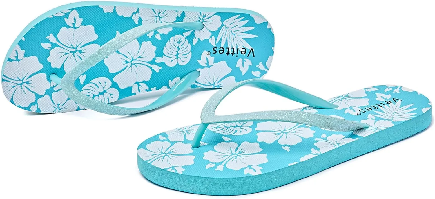 Veittes Women's Flip Flops Sandals, Soft Beach Pool Colorful Pattern Printing Slide Shoes.