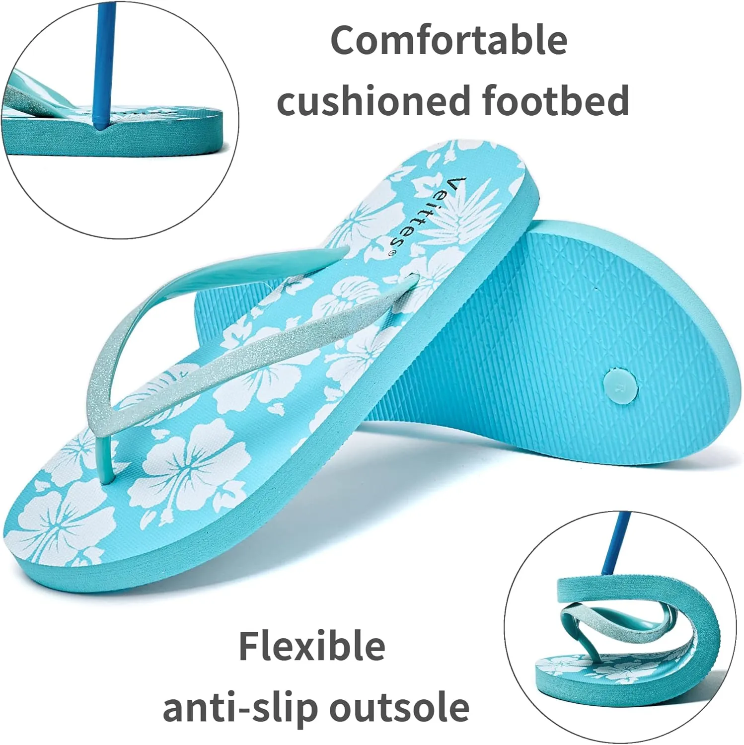 Veittes Women's Flip Flops Sandals, Soft Beach Pool Colorful Pattern Printing Slide Shoes.