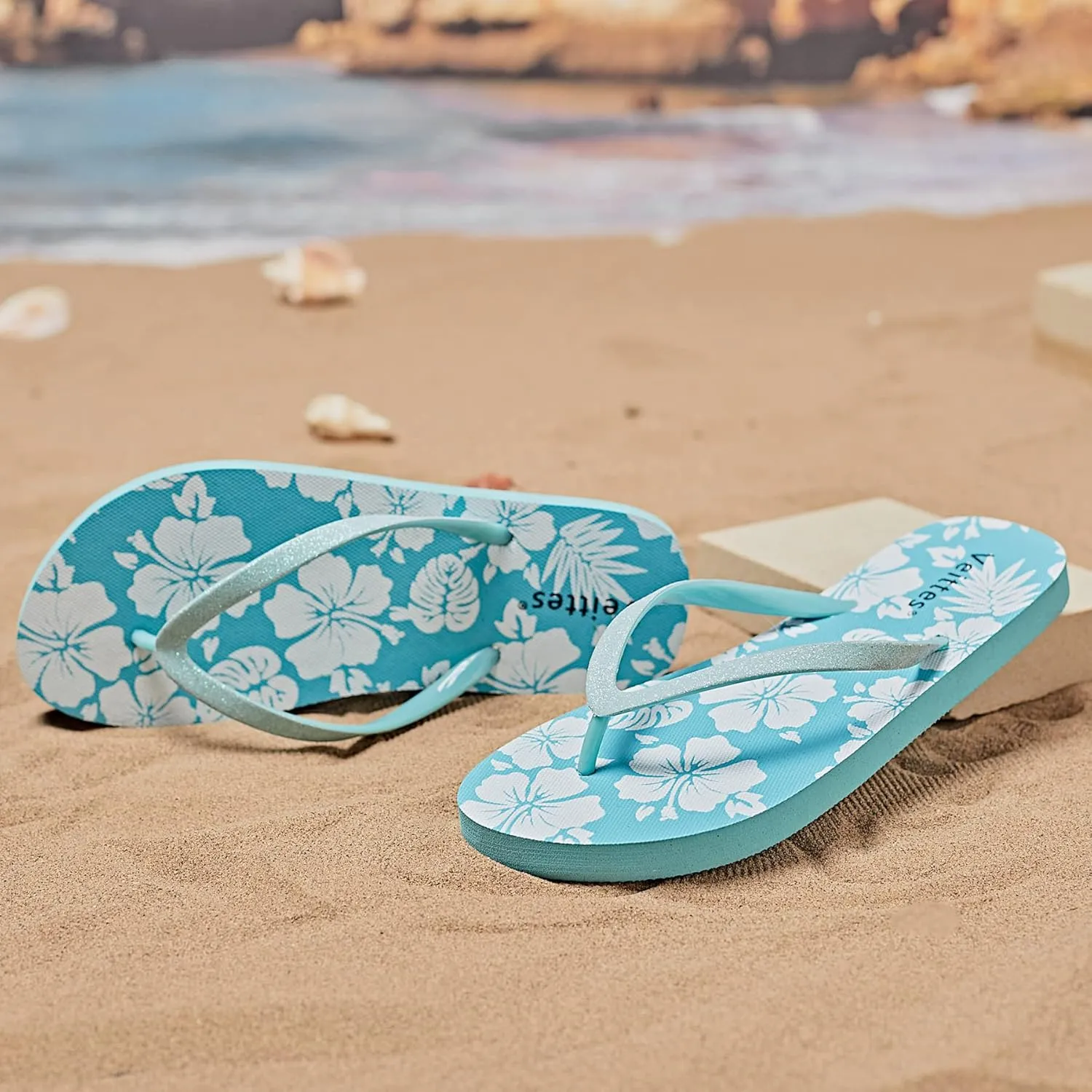 Veittes Women's Flip Flops Sandals, Soft Beach Pool Colorful Pattern Printing Slide Shoes.