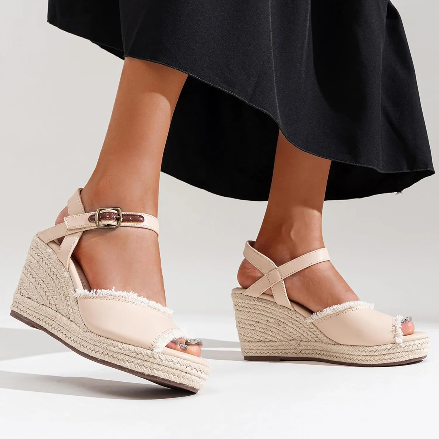 Vepose Women's 880 Wedge Sandals Peep Toe, 3.3" Inch High Heel Platform Espadrilles Sandals with Ankle Buckle