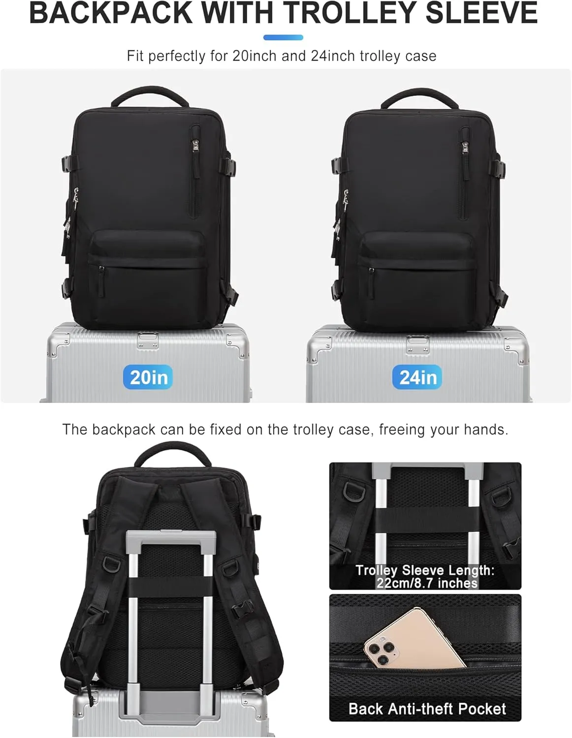VGCUB Large Travel Backpack Bag for Women Men,Carry on Backpack,17 Inch Laptop Business Work Waterproof Backpack with Laptop Compartment,Person Item Flight Approved,Mochila de Viaje,Black Large