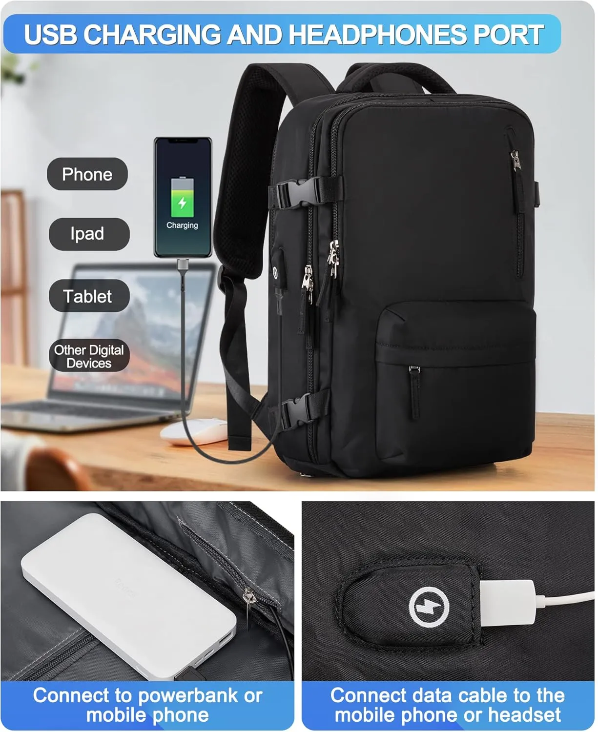 VGCUB Large Travel Backpack Bag for Women Men,Carry on Backpack,17 Inch Laptop Business Work Waterproof Backpack with Laptop Compartment,Person Item Flight Approved,Mochila de Viaje,Black Large