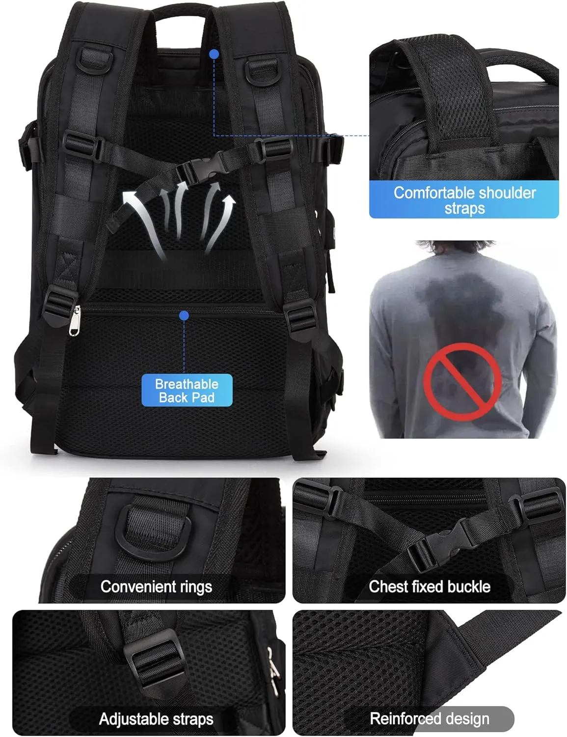 VGCUB Large Travel Backpack Bag for Women Men,Carry on Backpack,17 Inch Laptop Business Work Waterproof Backpack with Laptop Compartment,Person Item Flight Approved,Mochila de Viaje,Black Large