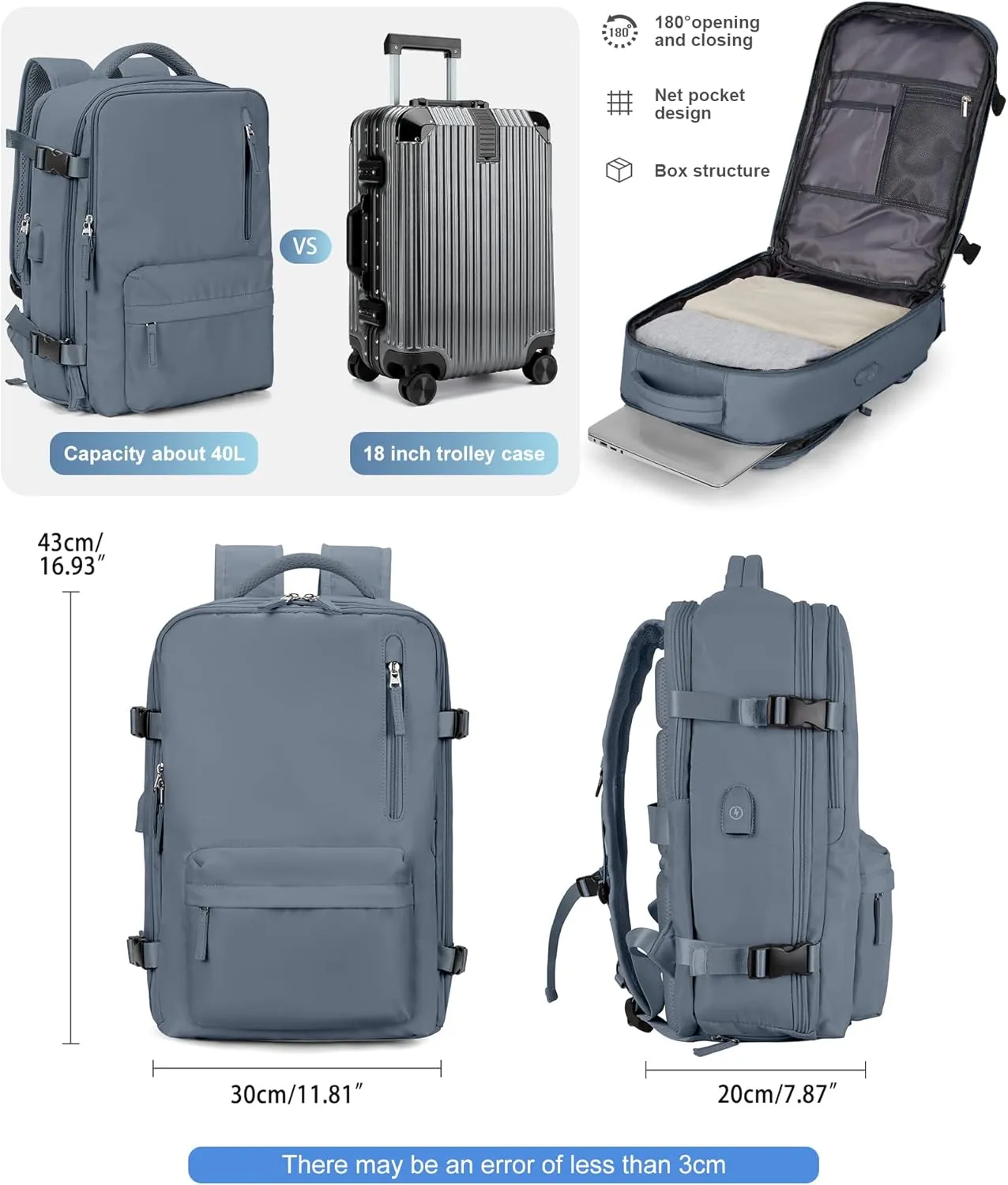 VGCUB Large Travel Backpack Bag for Women Men,Carry on Backpack,17 Inch Laptop Business Work Waterproof Backpack with Laptop Compartment,Person Item Flight Approved,Mochila de Viaje,Jewel Blue