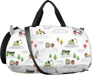 VIGTRO Construction Trucks Pattern Boys Girls Sports Travel Duffel Bags with Shoes Compartment, Weekender Overnight Gym Bag for Swimming, Dancing, Outing