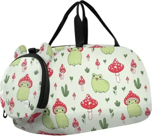VIGTRO Cute Frog Agaric Mushroom Kids Overnight Travel Duffel Bag Sport Gym Bag for Boys Girls with Shoe Compartment, Carry On Weekender Luggage Bag for Dance Swim Yoga
