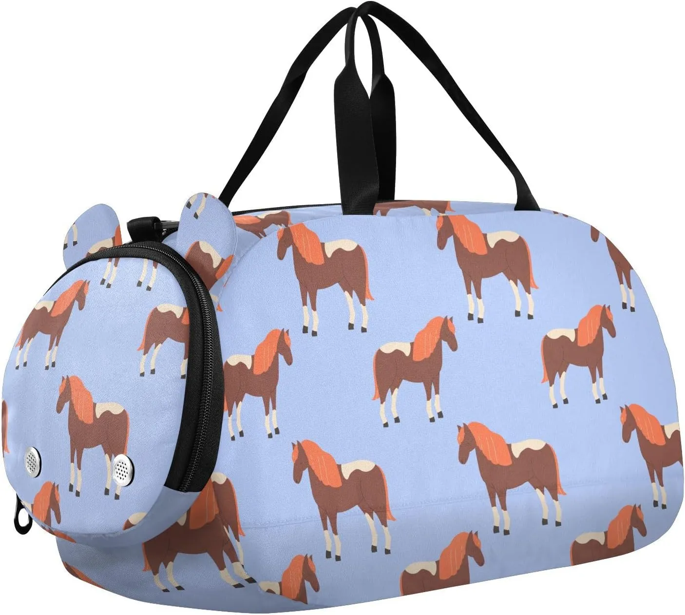 VIGTRO Cute Horses on Blue Background Kids Overnight Travel Duffel Bag Sport Gym Bag for Boys Girls with Shoe Compartment, Carry On Weekender Luggage Bag for Dance Swim Yoga